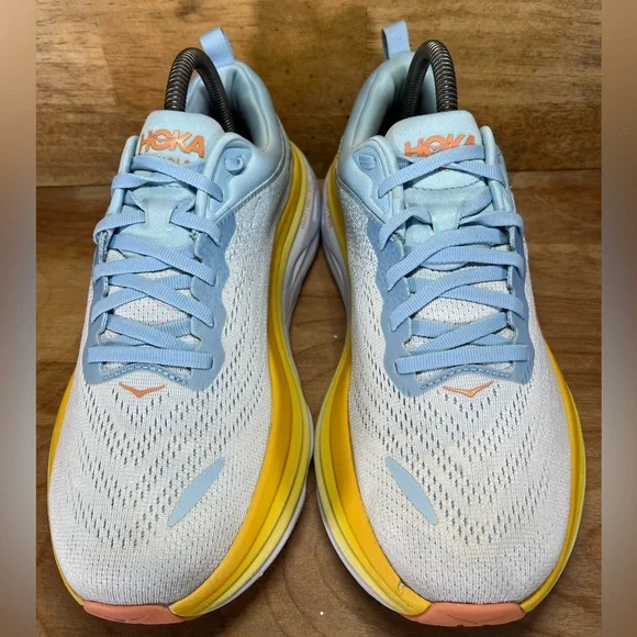 Hoka One One Bondi 8 REFLECTIVE Womens Size 9 Running Shoes Sneakers Blue Yellow - Picture 3 of 12